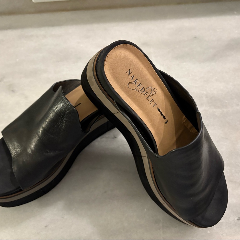 Naked Feet Black Leather Platform Slides